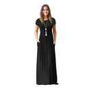 Vestido de verão feminino casual cor sólida o pescoço solto manga curta bolso até o chão longo mulher maxi vestidos slbz352