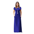 Vestido de verão feminino casual cor sólida o pescoço solto manga curta bolso até o chão longo mulher maxi vestidos slbz352