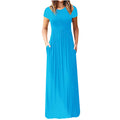 Vestido de verão feminino casual cor sólida o pescoço solto manga curta bolso até o chão longo mulher maxi vestidos slbz352