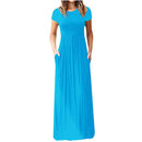 Vestido de verão feminino casual cor sólida o pescoço solto manga curta bolso até o chão longo mulher maxi vestidos slbz352