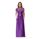 Vestido de verão feminino casual cor sólida o pescoço solto manga curta bolso até o chão longo mulher maxi vestidos slbz352