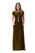 Vestido de verão feminino casual cor sólida o pescoço solto manga curta bolso até o chão longo mulher maxi vestidos slbz352