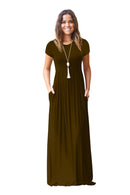 Vestido de verão feminino casual cor sólida o pescoço solto manga curta bolso até o chão longo mulher maxi vestidos slbz352