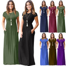 Vestido de verão feminino casual cor sólida o pescoço solto manga curta bolso até o chão longo mulher maxi vestidos slbz352