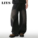 Calça jeans masculina de quatro estações, versão coreana, estudante, casual, alta rua, reta, solta, perna larga, preto, cinza, azul, baggy jean