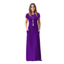 Vestido de verão feminino casual cor sólida o pescoço solto manga curta bolso até o chão longo mulher maxi vestidos slbz352