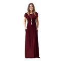 Vestido de verão feminino casual cor sólida o pescoço solto manga curta bolso até o chão longo mulher maxi vestidos slbz352