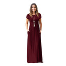 Vestido de verão feminino casual cor sólida o pescoço solto manga curta bolso até o chão longo mulher maxi vestidos slbz352